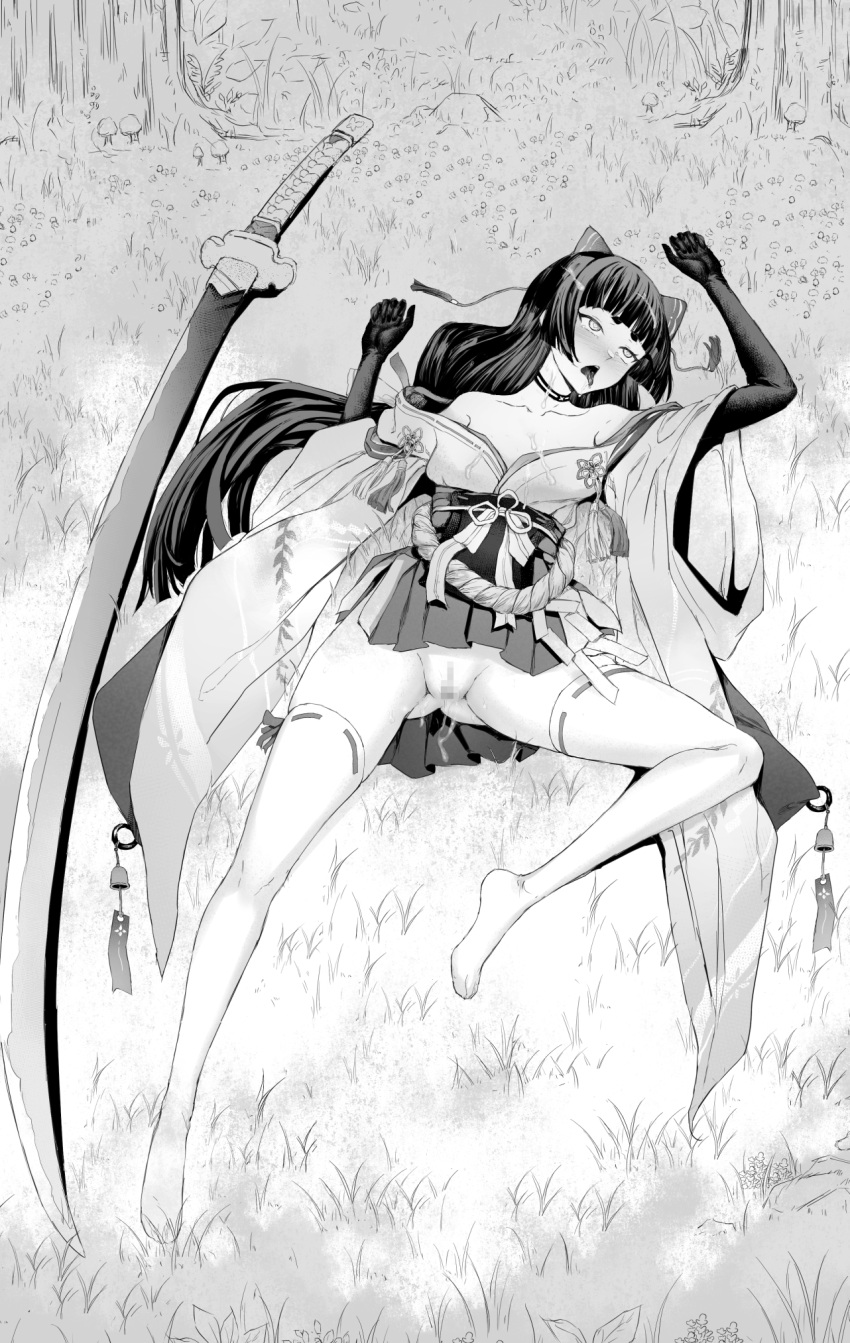 1girl bell blunt_bangs blush bow censored chinese_commentary commentary_request defeat elbow_gloves forest full_body gloves grass greyscale hair_bow highres japanese_clothes katana kimono long_hair long_sleeves looking_afar medium_bangs monochrome mosaic_censoring nature no_panties no_shoes off_shoulder onmyoji open_mouth pussy qisu ribbon-trimmed_thighhighs rope shimenawa solo sword thick_eyebrows thighhighs tongue tongue_out weapon wide_sleeves youtou_hime_(onmyoji)