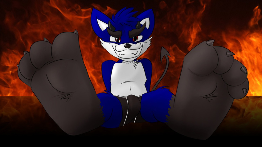 16:9 briefs bulge canine clothing demon feet fire fox grin hell horn imp male mammal numou_the_impfox paws reallyreallybigbang red_eyes sitting smile solo underwear