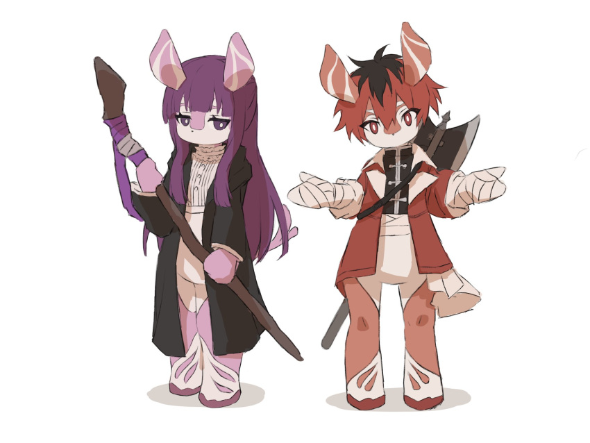 1boy 1girl axe bandaged_hand bandages barefoot bottomless commentary_request fern_(sousou_no_frieren) furrification furry furry_female furry_male genshin_impact highres holding holding_staff jacket melusine_(genshin_impact) multicolored_hair no_mouth open_clothes open_jacket purple_eyes purple_hair red_eyes red_hair red_jacket simple_background situki sousou_no_frieren staff stark_(sousou_no_frieren) weapon_behind_back white_background
