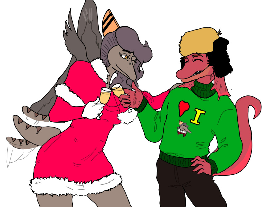 5_fingers absurd_res anthro anthro_on_anthro bone_frill breasts brown_hair champagne_glass christmas christmas_clothing christmas_sweater christmas_topwear clothing colored container crossgender cup damien_(iwhtg) dilophosaurid dilophosaurus dinosaur duo eyes_closed feathered_wings feathers female fingers frill_(anatomy) fur_trim glass glass_container glass_cup gloves goodbye_volcano_high grey_body grey_feathers grey_scales hair half-shaved_hair half_shaved_head hand_on_hip hand_on_shoulder handwear hat headgear headwear hi_res holding_glass holding_object holidays hybrid i_wani_hug_that_gator interspecies long_hair male male/female mtf_crossgender naser_(gvh) nasera pink_body pink_scales pterodactylus pterosaur reptile scales scalie shawl simple_background smile snout spinosaurid spinosaurus sweater tail tail_motion tailwag theropod topwear unknown_artist ushanka wide_hips wings yellow_eyes