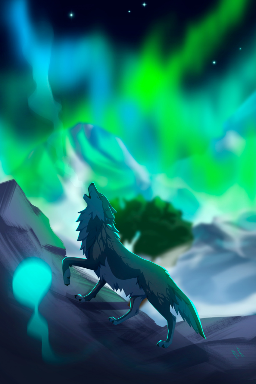 art2023 aurora_(phenomenon) canid canine canis female feral hi_res illustration landscape landscape_background mammal marmenuar mountain night nightsky siona snow solo winter wolf young