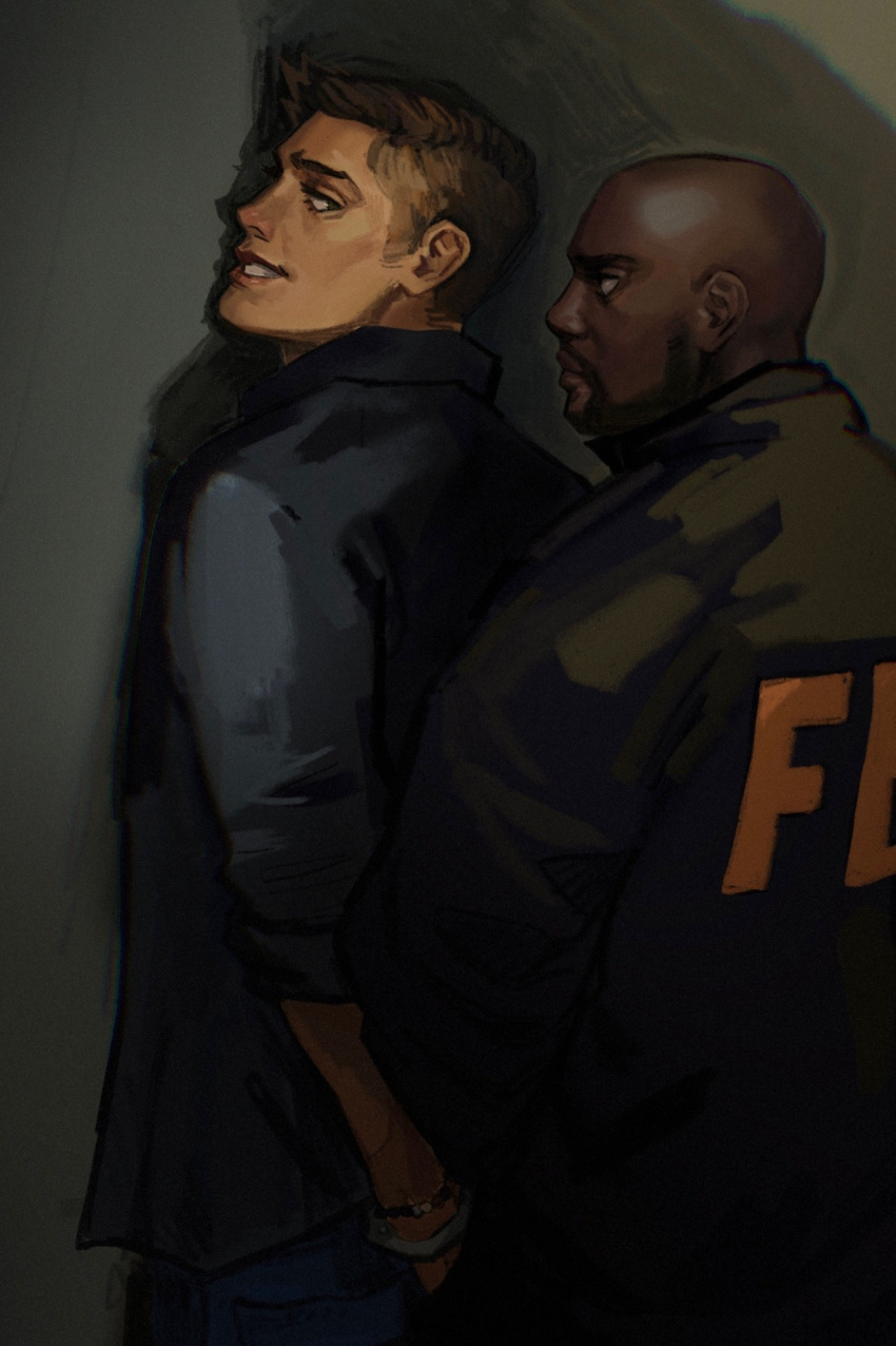 2boys against_wall arrest bald beard cowboy_shot dark-skinned_male dark_skin dean_winchester eye_contact facial_hair highres implied_yaoi looking_at_another looking_back male_focus multiple_boys mustache naughty_face pinned police police_uniform rozavay short_hair smile supernatural_(tv_series) uniform victor_henriksen