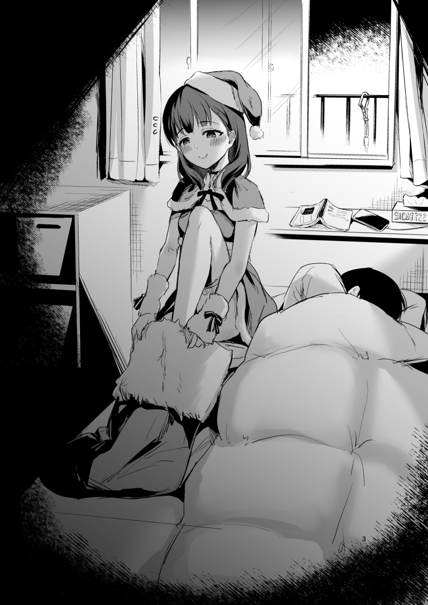 1boy 1girl bed blanket blush christmas_stocking fur_trim greyscale hat highres i_am_homeko idolmaster monochrome night on_bed open_window sakuma_mayu santa_costume santa_hat sleeping thighhighs tissue_box window