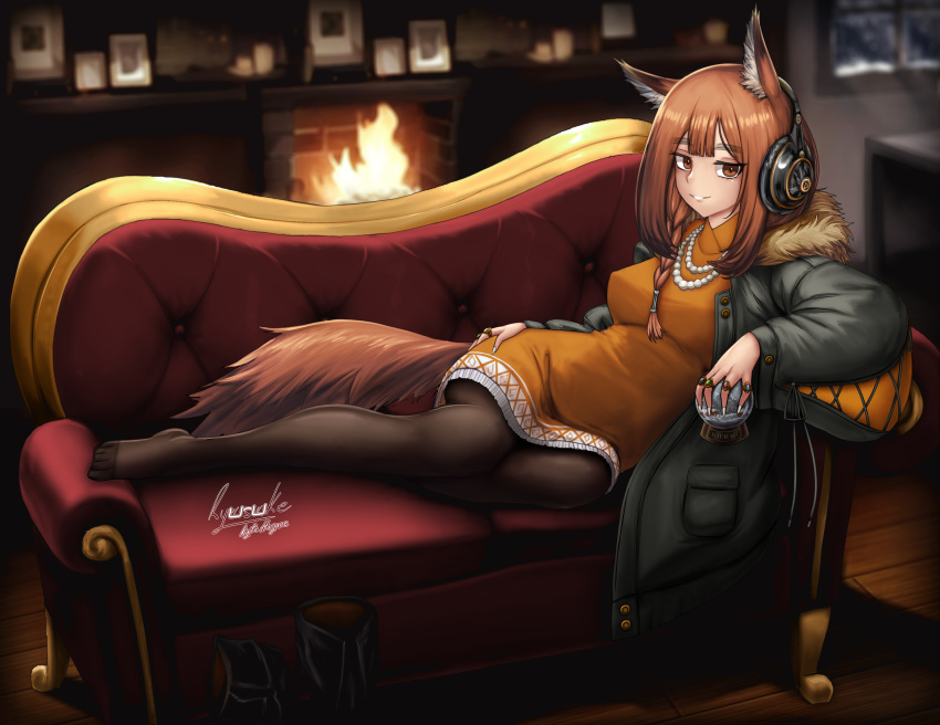 1girl absurdres animal_ear_fluff animal_ears arknights bead_necklace beads black_footwear black_jacket black_pantyhose boots braid breasts brown_eyes brown_hair couch covered_nipples dress fur_collar hagane_ryusuke hand_on_own_hip headphones highres holding implied_extra_ears jacket jewelry long_hair long_sleeves looking_at_viewer lying medium_breasts necklace night on_couch on_side open_clothes open_jacket orange_dress pantyhose parted_lips picture_frame ratatos_browntail_(arknights) snow_globe solo squirrel_ears squirrel_girl squirrel_tail tail unworn_boots window