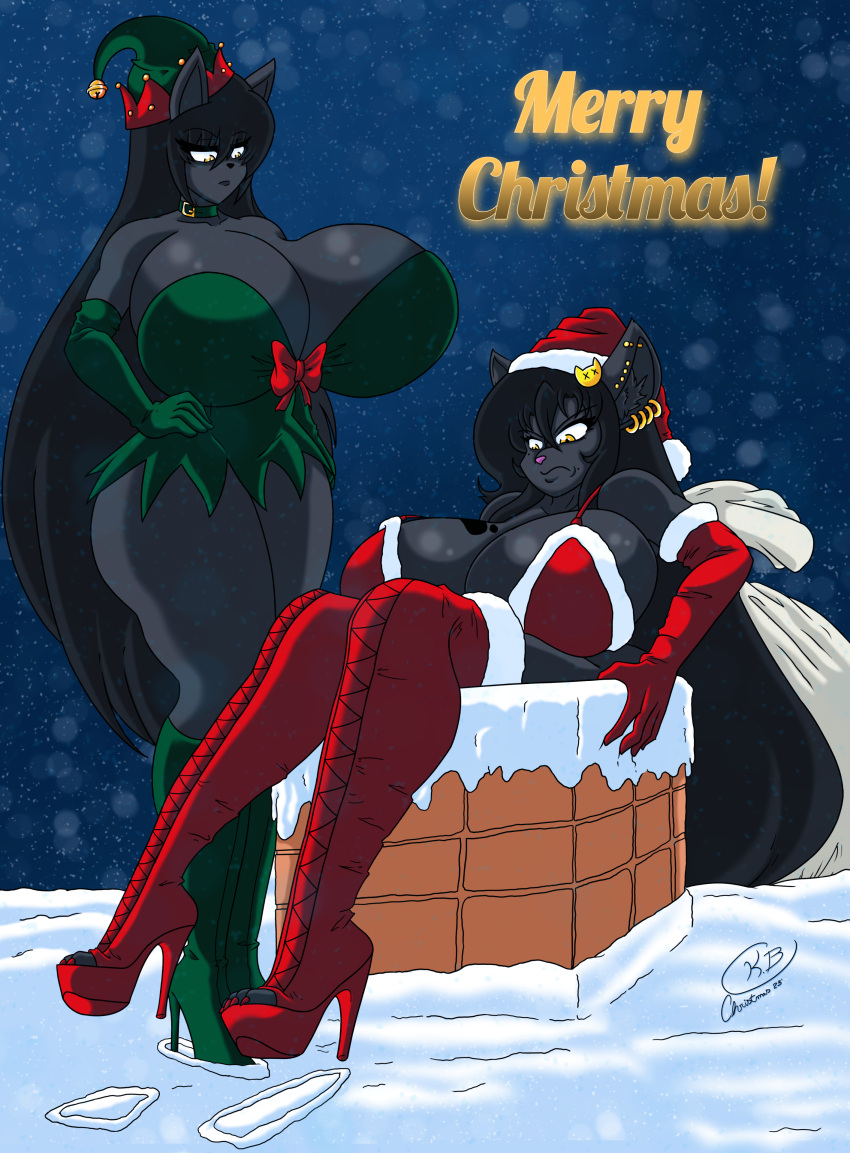 absurd_res anthro anubian_jackal big_breasts breasts butt canid canine canis christmas christmas_clothing christmas_headwear clothed clothing digital_media_(artwork) domestic_cat duo ear_piercing felid feline felis female footwear hair hat headgear headwear hi_res high_heels holidays jackal krocial_(krocialblack) krocialblack long_hair mammal piercing platform_footwear platform_heels rhaja_aaruna santa_dress santa_hat shoes snow thick_thighs wolfshadowscry