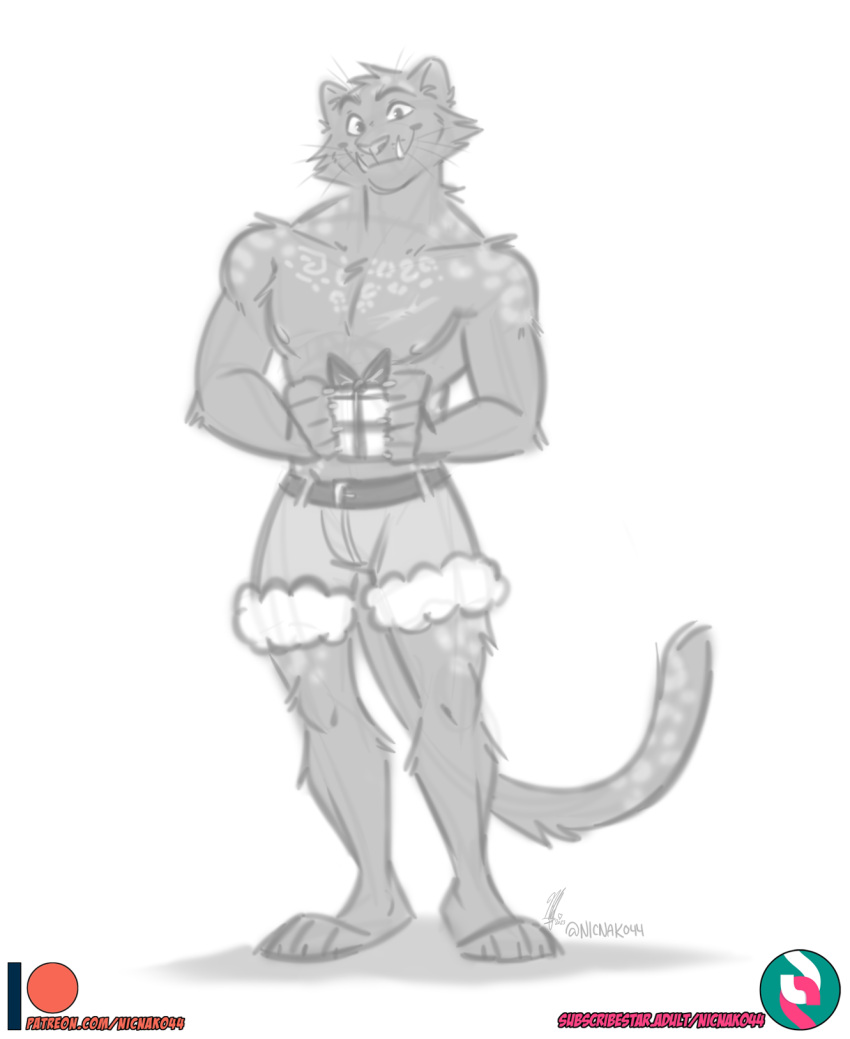 2023 anthro artist_name belt bottomwear christmas christmas_clothing claws clothed clothing digital_drawing_(artwork) digital_media_(artwork) eyebrows fangs felid finger_claws fur gift gift_box head_tuft hi_res holding_gift holding_object holidays jaguar long_tail looking_at_viewer male mammal muscular muscular_anthro muscular_male nicnak044 pantherine patreon patreon_logo shorts signature sketch smile smiling_at_viewer solo spots spotted_body spotted_fur standing subscribestar subscribestar_logo tail teeth text topless topless_anthro topless_male tuft url whiskers