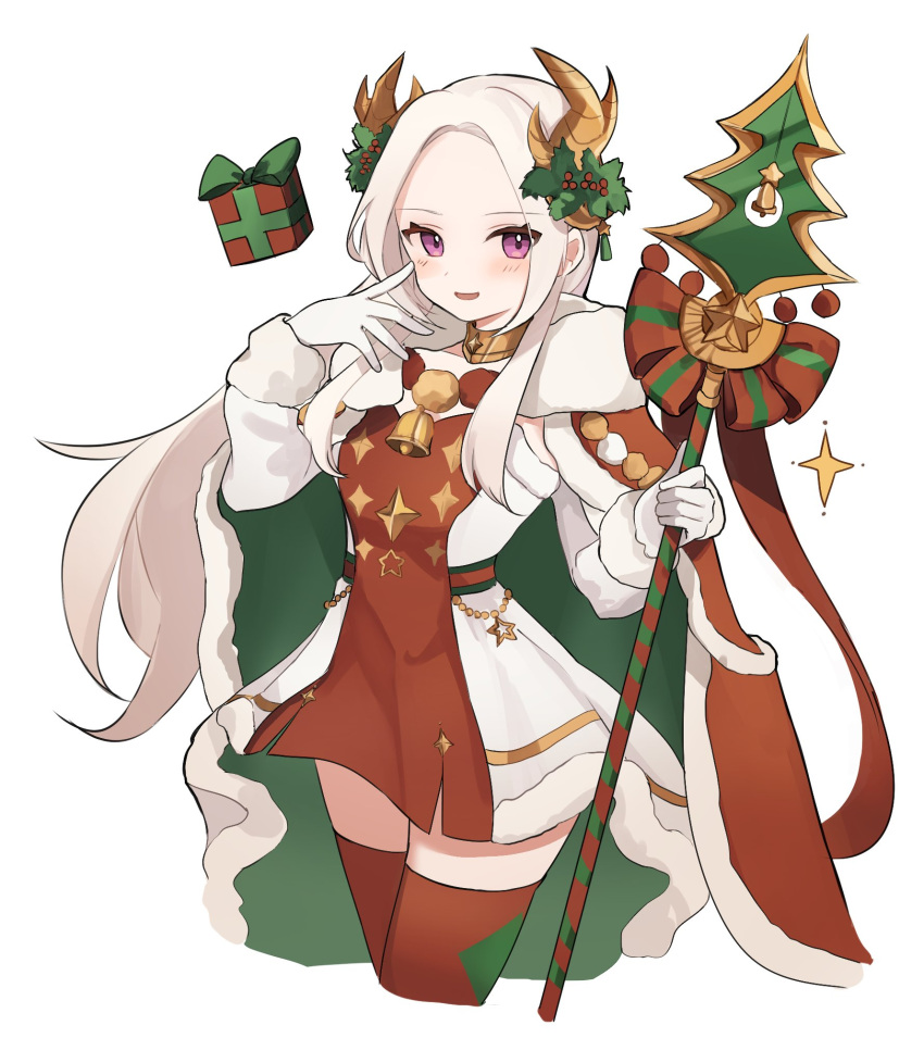 1girl blush box cape christmas commentary_request dress edelgard_von_hresvelg edelgard_von_hresvelg_(snowfall_future) fake_horns fire_emblem fire_emblem:_three_houses fire_emblem_heroes forehead fur-trimmed_cape fur-trimmed_dress fur-trimmed_gloves fur_trim gift gift_box gloves green_cape hair_ornament highres holding holding_polearm holding_weapon horns long_hair looking_at_viewer mistletoe_hair_ornament official_alternate_costume palmijano polearm purple_eyes red_dress red_gloves red_thighhighs simple_background smile solo spear thighhighs two-tone_cape two-tone_dress very_long_hair weapon white_background white_dress white_gloves white_hair yellow_horns