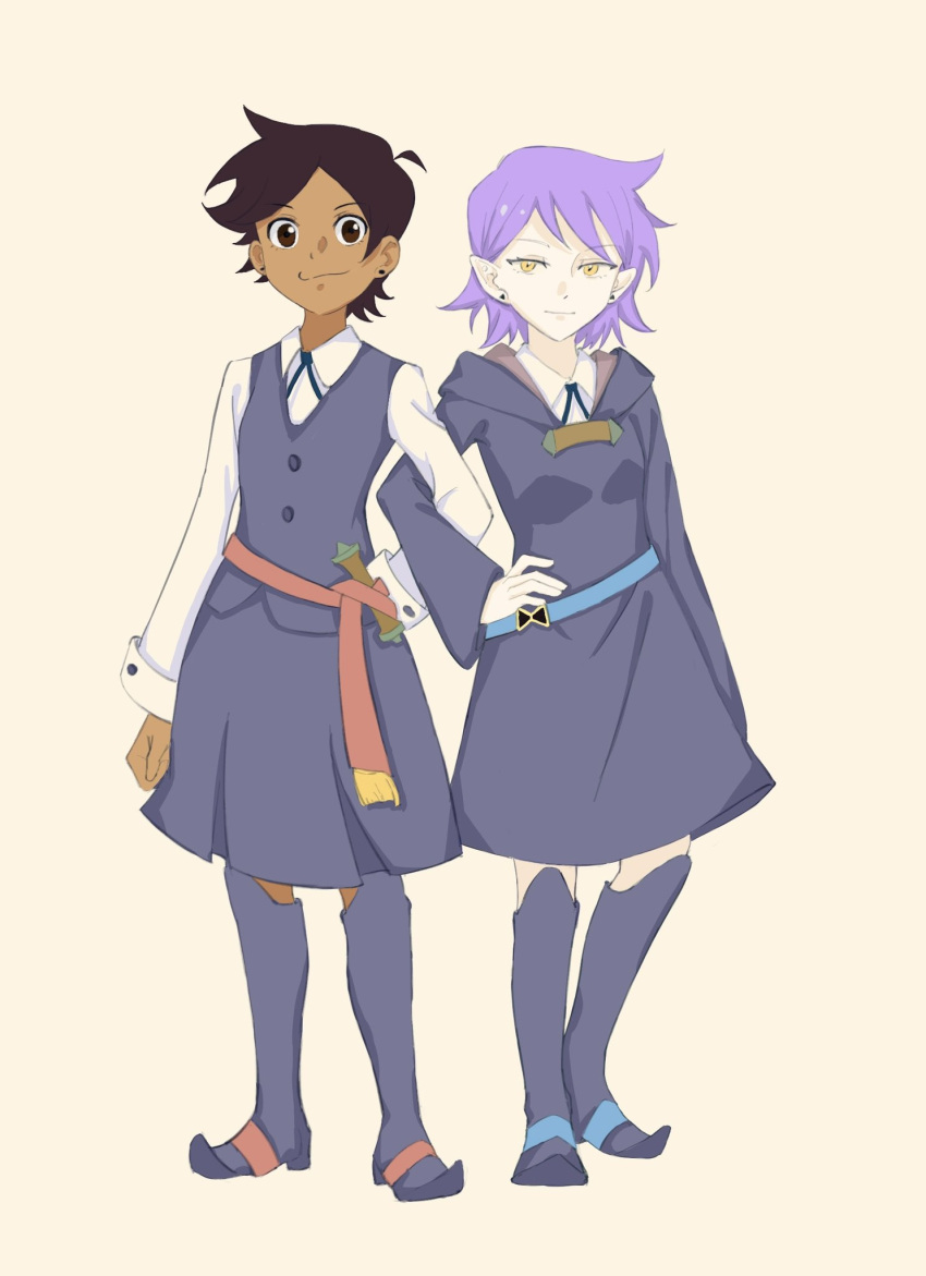 2girls amity_blight boots brown_eyes brown_hair cosplay dark-skinned_female dark_skin earrings highres jewelry kazamiaoi110 knee_boots little_witch_academia locked_arms looking_at_viewer luna_nova_school_uniform luz_noceda multiple_girls pale_skin pointy_ears purple_hair school_uniform short_hair skirt stud_earrings the_owl_house yellow_eyes