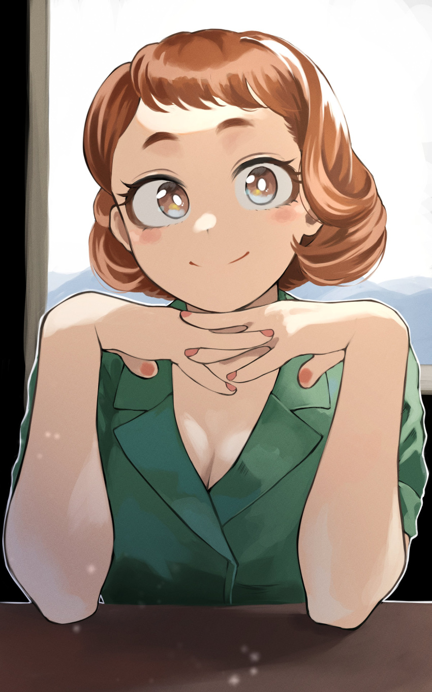 1girl absurdres boku_no_hero_academia breasts brown_eyes brown_hair cleavage closed_mouth dress elbows_on_table fengling_(furin-jp) green_dress highres interlocked_fingers looking_at_viewer official_alternate_costume official_alternate_hairstyle own_hands_together pov_across_table short_hair smile solo uraraka_ochako