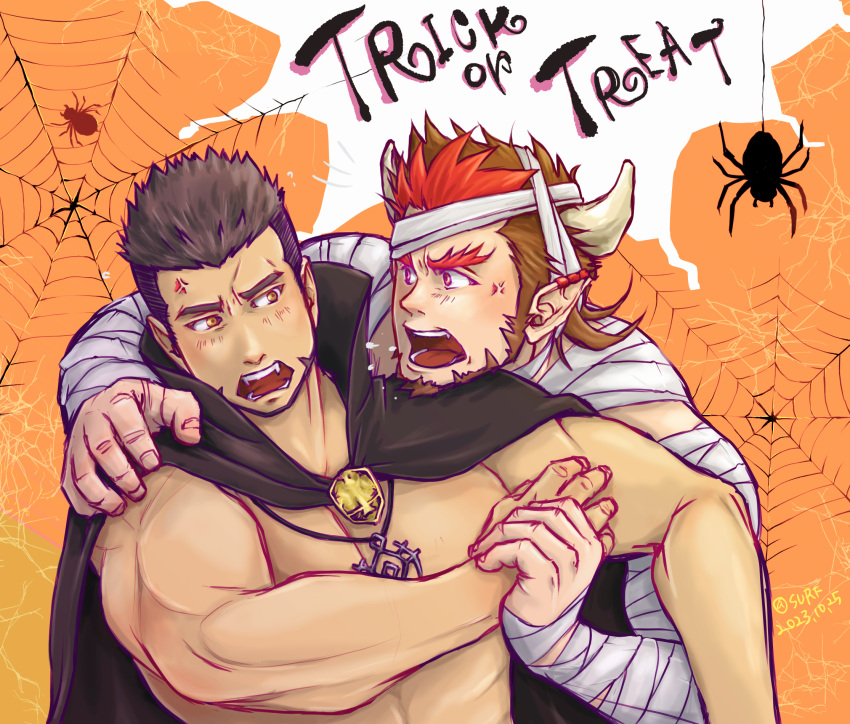 2boys anger_vein arguing bara black_hair brooch brown_eyes brown_hair bug crave_saga dragon_boy dragon_horns english_text facial_hair fangs highres horns jewelry key key_necklace looking_at_another male_focus multicolored_hair multiple_boys mummy_costume muscular muscular_male necklace open_mouth orange_background pectorals pointy_ears red_eyes red_hair safu_(maimai3737) scales short_hair silk spider spider_web tagmard_(crave_saga) topless trick_or_treat two-tone_hair undercut vampire_costume vastor_(crave_saga) yaoi