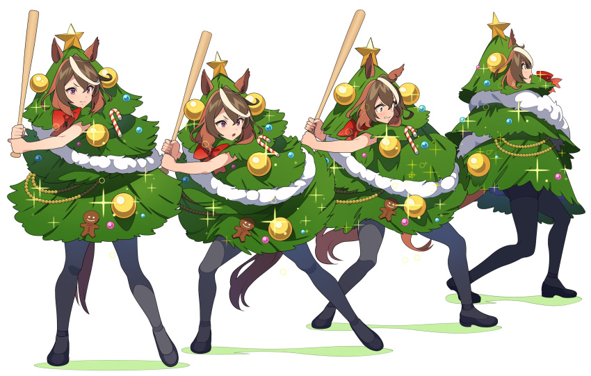 1girl absurdres animal_ears baseball_bat batting_stance black_footwear black_pantyhose bow brown_hair candy candy_cane christmas_ornaments christmas_tree_costume clenched_teeth food frown full_body gingerbread_man high_heels highres holding holding_baseball_bat horse_ears horse_girl horse_tail looking_afar multicolored_hair nishiki_kazue open_mouth pantyhose purple_eyes red_bow sequential shadow sparkle standing streaked_hair symboli_rudolf_(christmas_emperor_tree)_(umamusume) symboli_rudolf_(umamusume) tail teeth umamusume v-shaped_eyebrows white_background