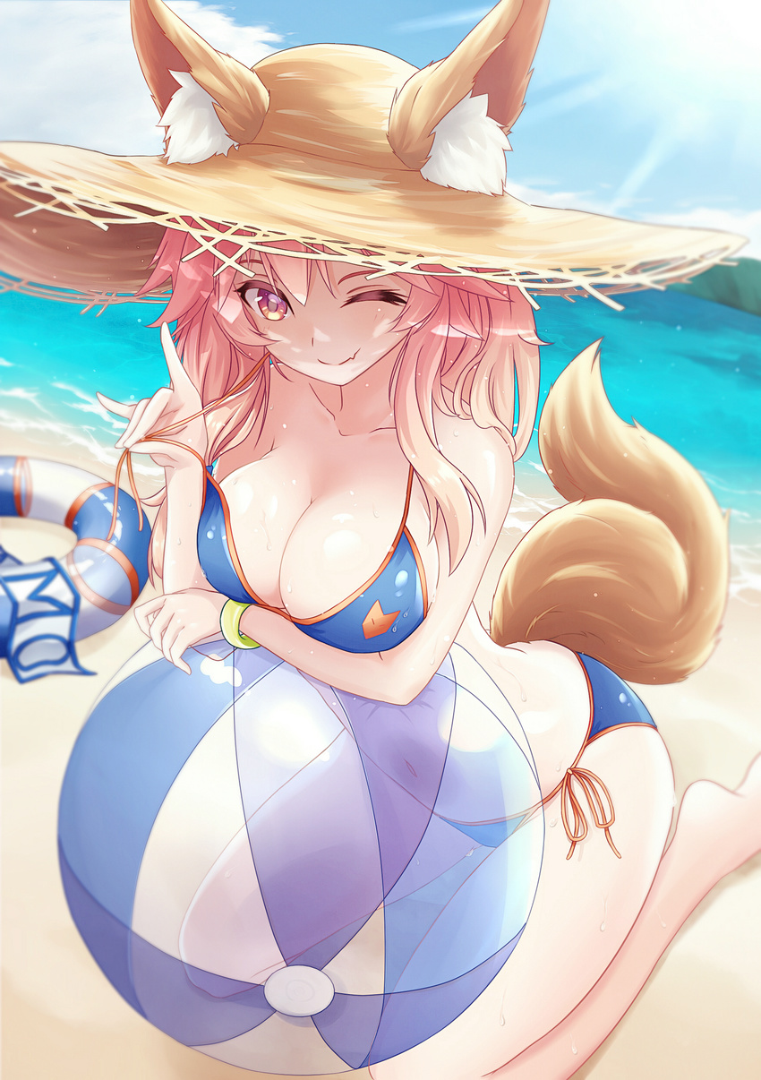 animal_ears bikini breast_hold caster_(fate/extra) cleavage fate/grand_order kitsune swimsuits tail yibu