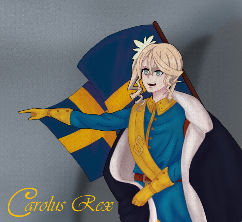 1girl alisha_diphda belt blonde_hair blue_jacket buttons charles_xii_of_sweden charles_xii_of_sweden_(cosplay) coat cosplay flag fur_trim gloves green_eyes highres jacket pointing sabaton_(band) sash simple_background sweden swedish_flag swedish_uniform tales_of_(series) tales_of_zestiria user_wgsa3478 yellow_collar yellow_gloves yellow_sash