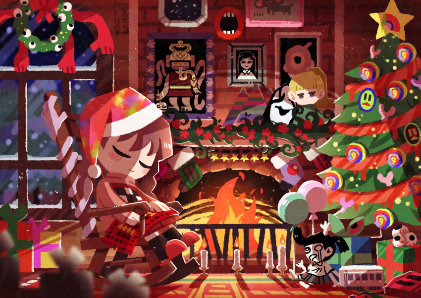 absurdres balloon black_eyes black_hair blonde_hair blue_eyes blunt_bangs blush brown_hair candle chair character_doll christmas christmas_tree closed_eyes closed_mouth collared_shirt commentary controller dripping_eye empty_eyes extra_arms eyeball famicom fire fireplace from_side game_console gift grey_skirt hat highres indoors jitome long_hair long_sleeves looking_at_viewer madotsuki monoe monoko night open_mouth pale_skin photo_(object) pink_sweater pleated_skirt poniko ponytail red_footwear red_skirt rocking_chair santa_hat shadow shirt short_hair single_empty_eye sitting skirt slippers smile snow snowing socks star_(symbol) sweater train tree turtleneck turtleneck_sweater uboa watawata22 white_shirt white_socks wide_shot window wreath yume_nikki