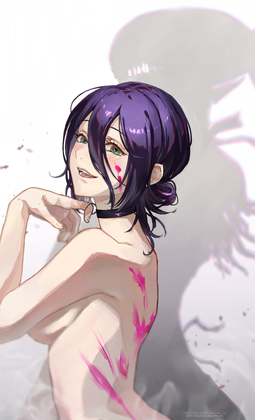 1girl absurdres black_choker black_hair blood blood_on_face blush bomb_devil_(chainsaw_man) breasts chainsaw_man choker commentary completely_nude convenient_arm different_shadow english_commentary green_eyes hair_between_eyes hair_bun highres koage looking_at_viewer medium_breasts nude pink_blood reze_(chainsaw_man) shadow short_hair simple_background single_hair_bun smile solo teeth white_background
