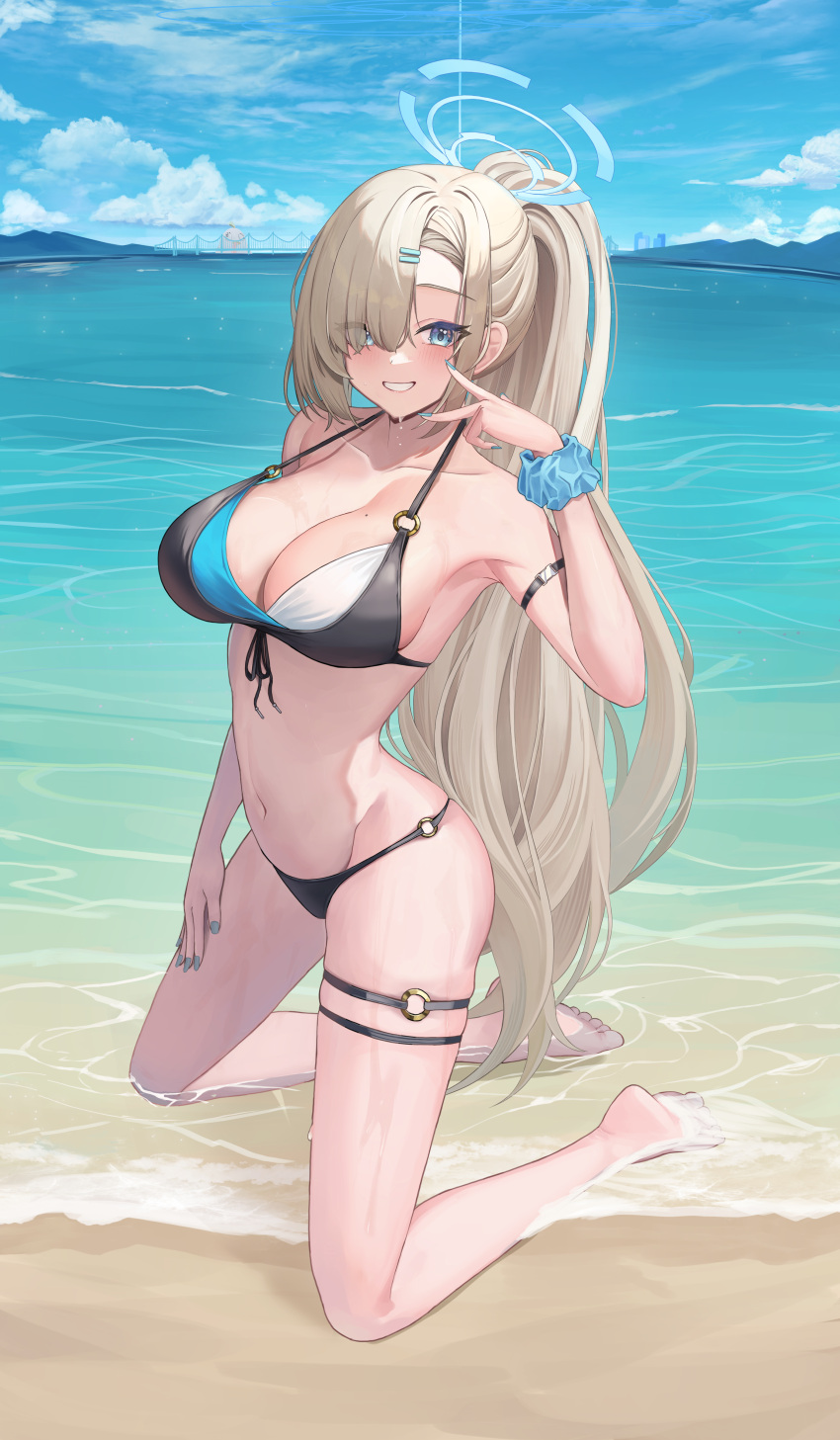 1girl absurdres alternate_costume andamiro arm_strap asuna_(blue_archive) barefoot beach bikini black_bikini blue_archive blue_eyes blue_halo blue_nails blue_scrunchie blue_sky blush breasts cleavage cloud collarbone day fingernails full_body grin hair_over_one_eye halo halterneck highres kneeling large_breasts light_brown_hair long_hair looking_at_viewer nail_polish navel o-ring o-ring_bikini ocean outdoors ponytail scrunchie sky smile soles solo stomach swimsuit thigh_strap toes wrist_scrunchie
