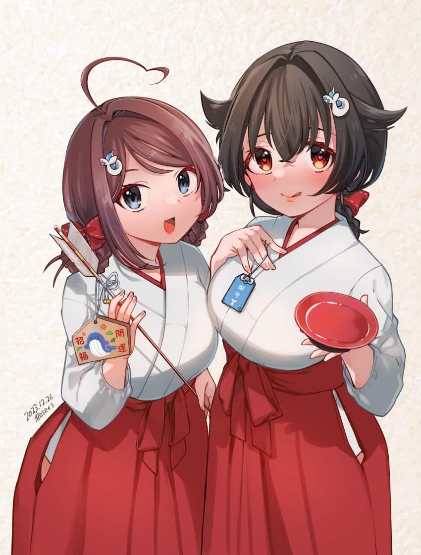 2girls alcohol alternate_costume arrow_(projectile) artist_name black_hair braid breasts brown_hair chougei_(kancolle) commentary_request cowboy_shot dated ema hair_flaps hair_ornament hair_rings hairclip hakama hamaya highres holding holding_arrow holding_ema japanese_clothes jingei_(kancolle) kantai_collection kirisawa_juuzou large_breasts long_hair low_ponytail miko multiple_girls red_eyes red_hakama sake single_braid tokkuri twin_braids