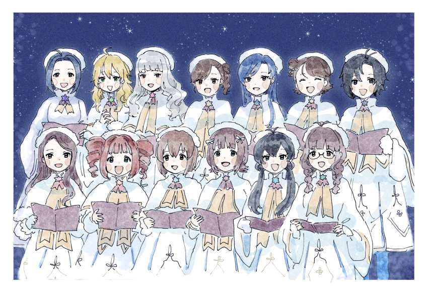 6+girls ahoge akizuki_ritsuko amami_haruka black_hair blonde_hair blue_eyes blush_stickers bow braid brown_hair choir commentary dress drill_hair futami_ami futami_mami ganaha_hibiki glasses grey_hair hagiwara_yukiho hair_bow highres hoshii_miki idolmaster idolmaster_(classic) kikuchi_makoto kisaragi_chihaya long_hair minase_iori miura_azusa multiple_girls music nekozuka_(duka_nkdk) open_mouth shijou_takane short_hair singing sketch sky smile star_(sky) starry_sky symbol-only_commentary takatsuki_yayoi twin_braids twin_drills white_dress white_headwear