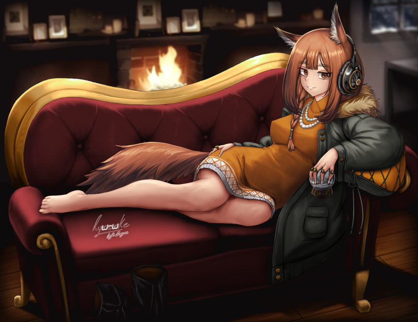 1girl absurdres animal_ear_fluff animal_ears arknights bare_legs barefoot bead_necklace beads black_footwear black_jacket boots braid breasts brown_eyes brown_hair couch covered_nipples dress fur_collar hagane_ryusuke hand_on_own_hip headphones highres holding implied_extra_ears jacket jewelry long_hair long_sleeves looking_at_viewer lying medium_breasts necklace night on_couch on_side open_clothes open_jacket orange_dress parted_lips picture_frame ratatos_browntail_(arknights) snow_globe solo squirrel_ears squirrel_girl squirrel_tail tail unworn_boots window