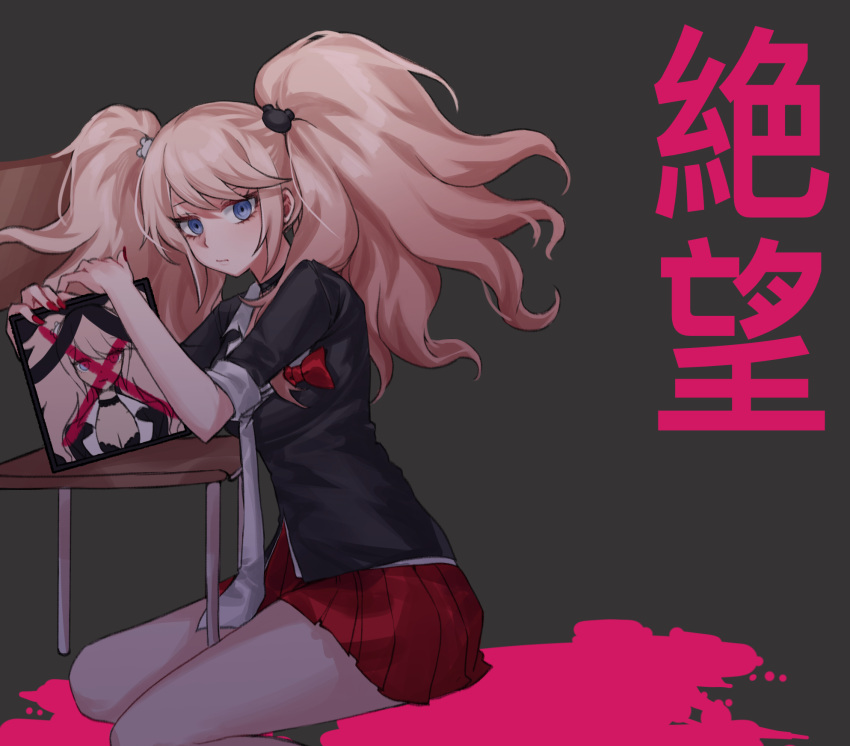 1girl bear_hair_ornament black_choker black_shirt blood blue_eyes bow breasts brown_background choker cleavage cross danganronpa:_trigger_happy_havoc danganronpa_(series) enoshima_junko hair_ornament highres hy_(fjvlg) iei medium_breasts miniskirt necktie pink_blood pleated_skirt red_bow red_skirt shirt short_sleeves simple_background skirt smile solo translation_request twintails white_necktie