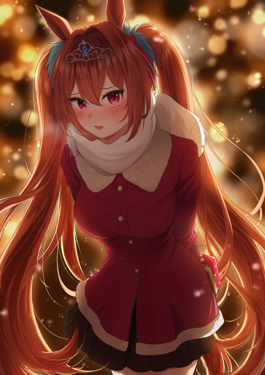 1girl absurdres animal_ears arms_behind_back backlighting black_skirt blue_scrunchie blurry blush bokeh brown_hair christmas coat commentary daiwa_scarlet_(umamusume) depth_of_field fringe_trim frown gift hair_intakes hair_ornament hair_scrunchie highres holding holding_behind_back holding_gift horse_ears horse_girl horse_tail leaning_forward light_particles long_hair long_sleeves looking_at_viewer miniskirt night open_mouth outdoors pleated_skirt red_coat sayosayo-0 scarf scrunchie skirt solo standing tail tiara twintails umamusume very_long_hair white_scarf