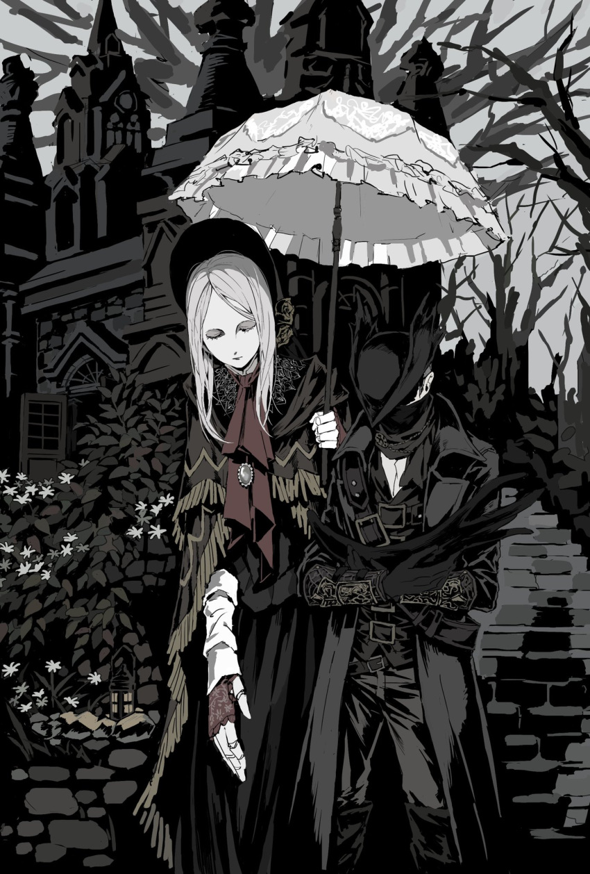 1boy 1girl ascot belt black_coat black_headwear bloodborne bonnet brooch building chest_belt closed_eyes closed_mouth coat commentary_request cowboy_shot creature doll_joints eldritch_abomination foliage forehead grey_hair highres holding holding_creature holding_umbrella hunter_(bloodborne) jewelry joints lantern long_hair outdoors plain_doll red_ascot soldalepaz11 stairs standing tree umbrella