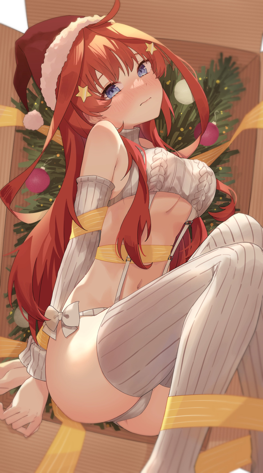 1girl absurdres ahoge arms_behind_back bare_shoulders blue_eyes blush bound bound_wrists bow box breasts cardboard_box christmas cleavage closed_mouth commentary curvy detached_sleeves embarrassed eyebrows_hidden_by_hair eyelashes feet_out_of_frame go-toubun_no_hanayome hair_between_eyes hair_ornament hair_over_shoulder hat head_tilt highres in_box in_container indoors knees_together_feet_apart large_breasts long_hair long_sleeves looking_at_viewer lying nakano_itsuki navel nose_blush on_side profnote red_hair ribbon santa_hat sidelocks solo star_(symbol) star_hair_ornament thighs tsurime underboob very_long_hair virgin_destroyer_sweater white_bow yellow_ribbon