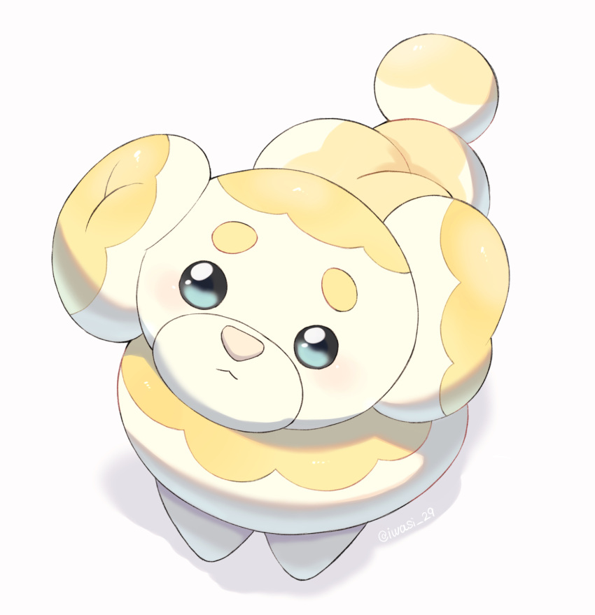 animal_focus artist_name closed_mouth colored_skin commentary_request dog fidough from_above grey_eyes highres iwasi_29 multicolored_skin no_humans pokemon pokemon_(creature) simple_background twitter_username two-tone_skin white_background white_skin yellow_skin