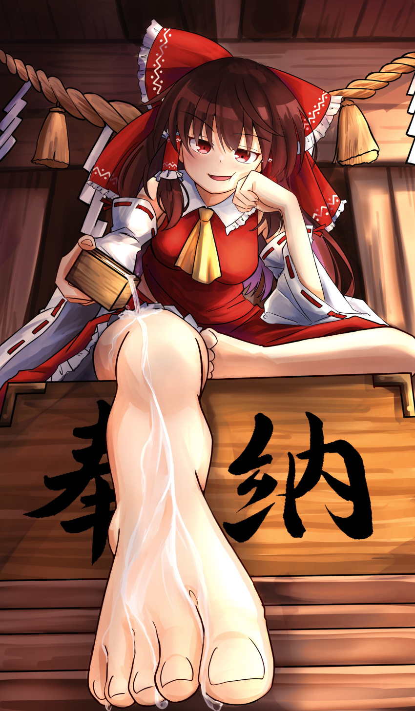 1girl absurdres ascot barefoot bow box breasts brown_hair collar collared_shirt commentary cup detached_sleeves donation_box feet foreshortening frilled_bow frilled_collar frilled_hair_tubes frilled_skirt frills hair_bow hair_tubes hakurei_reimu hand_on_own_face highres holding holding_cup legs long_hair looking_at_viewer open_mouth pouring red_bow red_eyes red_shirt red_skirt ribbon-trimmed_sleeves ribbon_trim rope shide shimenawa shirt shrine sitting skirt smile smirk solo toenails toes touhou very_long_hair wooden_cup yellow_ascot yuuka_(a0240765)