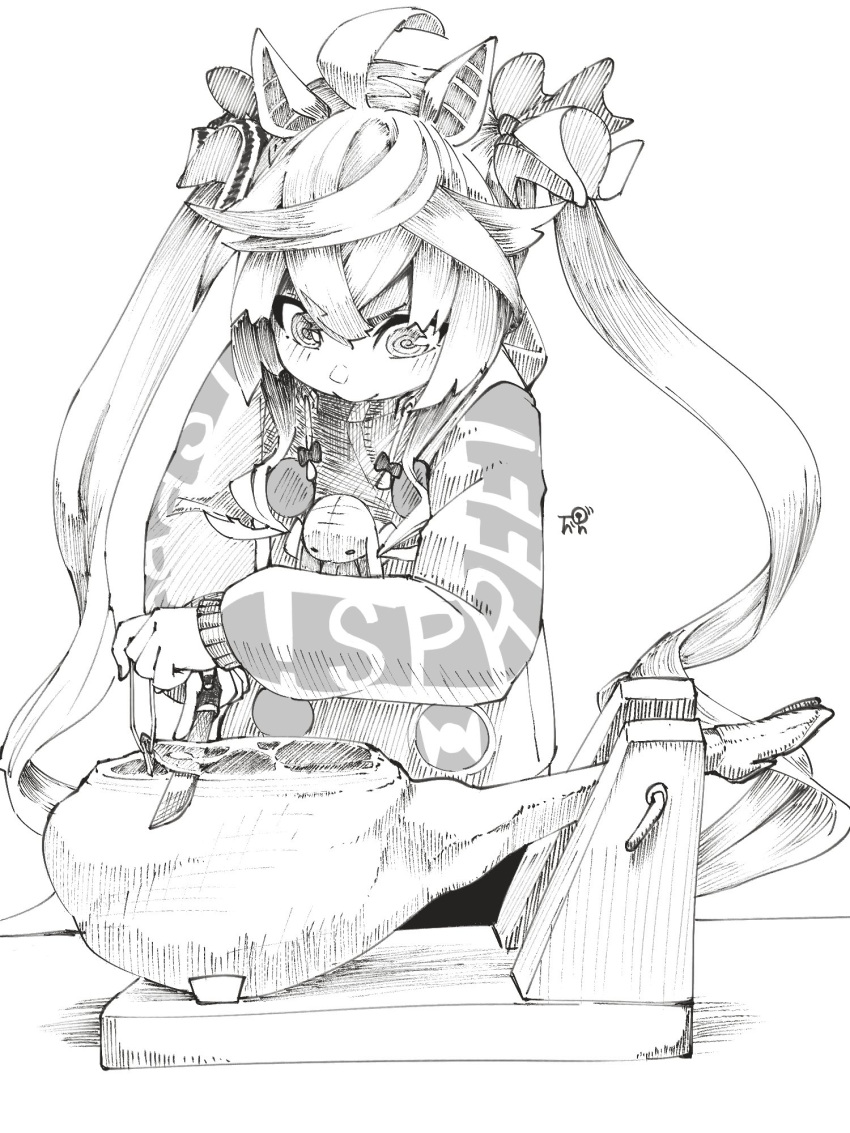 1girl @_@ ahoge animal_ears artist_logo blush bow clothes_writing commentary_request crossed_bangs cutting drawstring food hair_bow ham hatching_(texture) highres holding holding_knife holding_tongs hood hoodie horse_ears horse_girl knife linear_hatching long_hair long_sleeves looking_down monochrome nail_polish sidelocks sketch solo stuffed_animal stuffed_rabbit stuffed_toy thin_(suzuneya) tongs twin_turbo_(umamusume) twintails umamusume upper_body very_long_hair