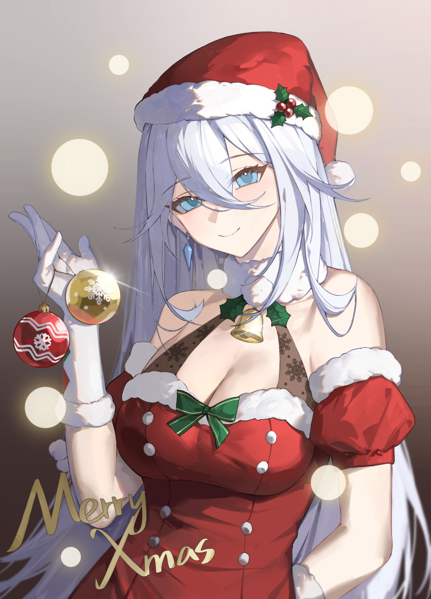 1girl absurdres bare_shoulders blue_eyes breasts cecilia_schariac christmas_ornaments cleavage dress earrings gloves hat highres honkai_(series) honkai_impact_3rd jewelry large_breasts looking_at_viewer red_dress santa_costume santa_dress santa_hat simple_background smile tutou_jiang white_gloves white_hair