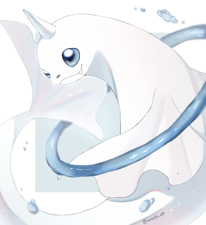 animal_focus artist_name blue_eyes closed_mouth colored_skin commentary_request dewgong fangs highres horns iwasi_29 no_humans pokemon pokemon_(creature) ring_of_water seal_(animal) simple_background single_horn twitter_username water white_background white_skin