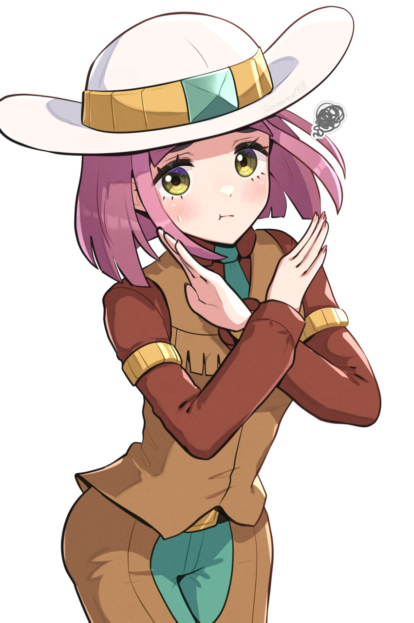 1girl :t belt brown_pants brown_shirt clay_(pokemon) clay_(pokemon)_(cosplay) closed_mouth commentary_request cosplay cowboy_shot eyelashes gonzarez hat highres lacey_(pokemon) light_blush pants pokemon pokemon_sv pout purple_hair shirt short_hair simple_background solo squiggle white_background white_headwear x_arms yellow_eyes