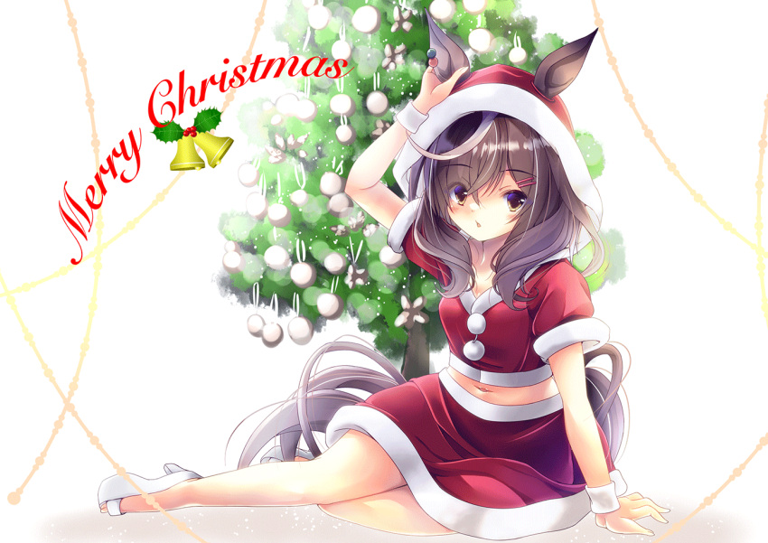 1girl animal_ears bell boots brown_hair christmas christmas_ornaments christmas_tree commentary cropped_shirt cursive ear_piercing english_text fur-trimmed_shirt fur-trimmed_skirt fur_trim hair_ornament hairclip hand_on_own_ear hat high_heel_boots high_heels holly horse_ears horse_girl horse_tail kamiya_yuuji looking_at_viewer matikane_tannhauser_(umamusume) medium_hair merry_christmas midriff miniskirt multicolored_hair navel open_mouth piercing red_headwear red_shirt red_skirt sandals santa_hat shirt sitting skirt solo streaked_hair tail umamusume white_footwear white_hair wristband yokozuwari