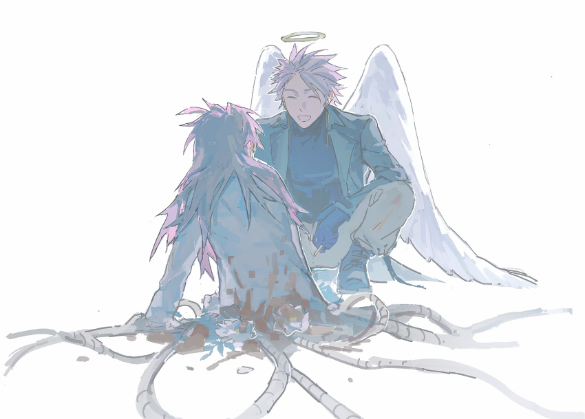 2boys angel_wings black_coat black_gloves black_sweater blood brown_pants cigarette closed_eyes coat earrings gloves hatsutori_hajime highres holding holding_cigarette iuew jewelry long_hair long_sleeves male_focus multiple_boys open_clothes open_coat open_mouth pants pink_hair purple_hair saibou_shinkyoku shirt simple_background smile spoilers squatting sweater theodore_riddle tube turtleneck turtleneck_sweater white_background white_shirt white_wings wings