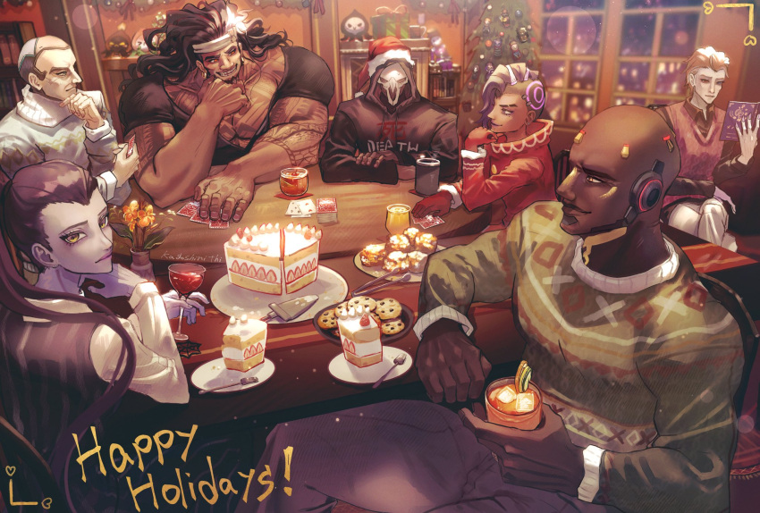 3girls 4boys alcohol alternate_costume arm_tattoo bald bara black_hair black_shirt black_sleeves book cake card christmas christmas_tree closed_mouth colored_skin dark-skinned_female dark-skinned_male dark_skin doomfist_(overwatch) earrings english_commentary english_text food gloves green_sleeves green_sweater hat highres holding holding_book indoors jewelry long_sleeves looking_at_another mask mauga_(overwatch) moira_(overwatch) multiple_boys multiple_girls overwatch overwatch_1 overwatch_2 pectorals purple_skin reading reaper_(overwatch) red_gloves santa_hat shirt sigma_(overwatch) sitting smile sombra_(overwatch) strawberry_cake sweater syouyugoblin tattoo white_sleeves widowmaker_(overwatch) window wine
