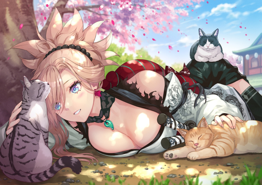 1girl bare_shoulders black_thighhighs blue_eyes blush breasts cat cleavage dragon_print earrings fate/samurai_remnant fate_(series) grey_kimono grin hair_ornament japanese_clothes jewelry kimono large_breasts long_hair long_sleeves magatama miyamoto_musashi_(fate) nishimura_eri obi pelvic_curtain pink_hair ponytail rope_belt sash smile solo swept_bangs thighhighs thighs wide_sleeves