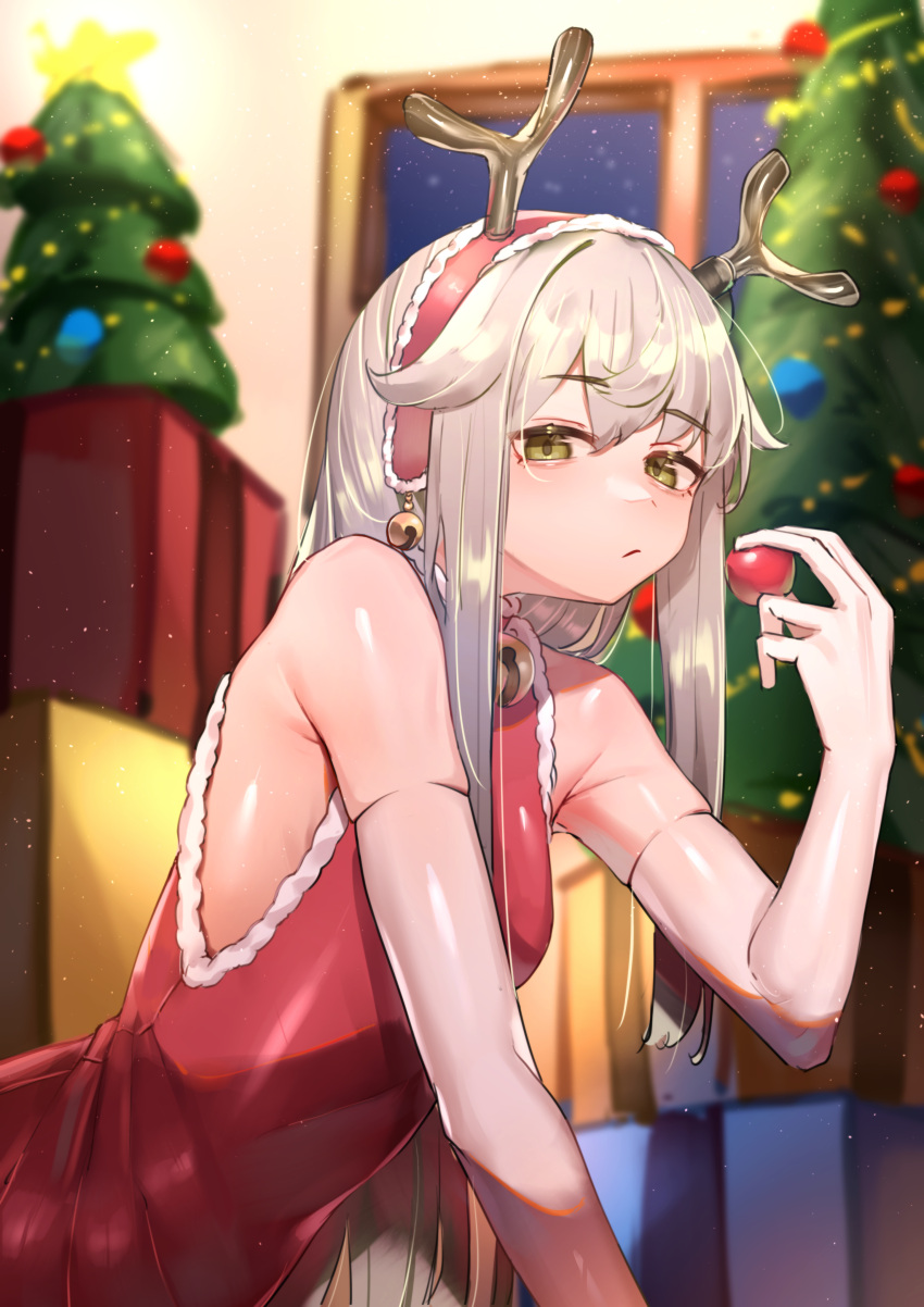 1girl absurdres antlers arknights bare_shoulders bell box breasts christmas christmas_tree cosplay deer_antlers deer_girl dress elbow_gloves firewatch_(arknights) fur-trimmed_dress fur_trim gift gift_box gloves green_eyes grey_gloves grey_hair hair_between_eyes hairband highres holding_nose indoors kirigirisu1221 long_hair looking_at_viewer neck_bell red_dress red_hairband rudolph_the_red_nosed_reindeer rudolph_the_red_nosed_reindeer_(cosplay) sleeveless sleeveless_dress small_breasts solo very_long_hair window