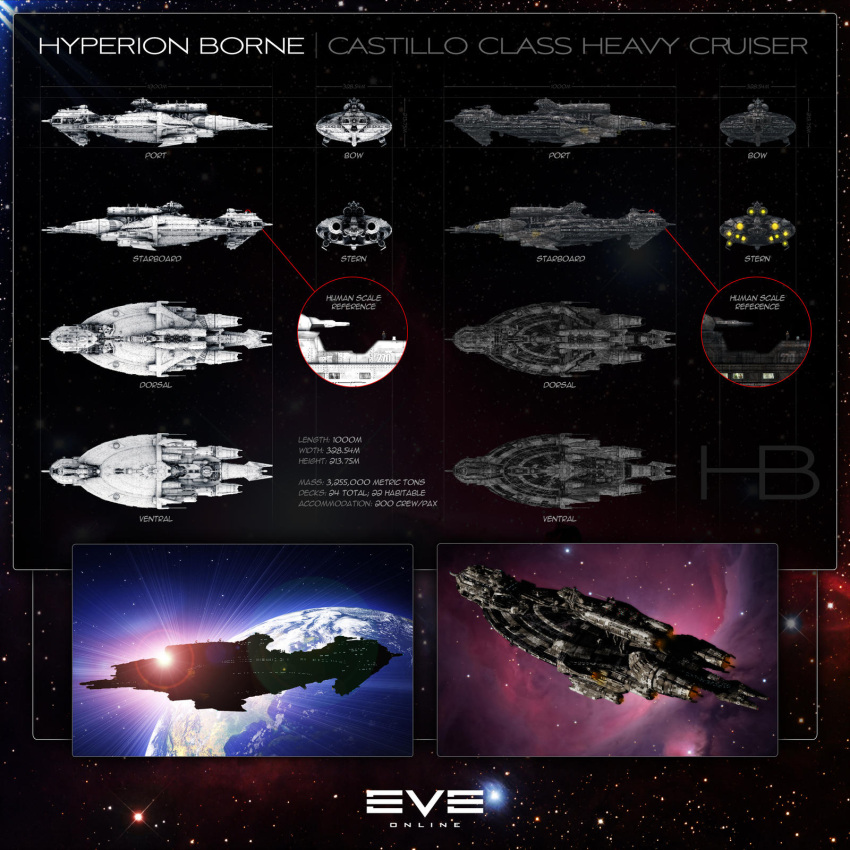 3d ambiguous_gender battleship_(eve_online) cannon commentary concept_art emblem english_text eve_online from_side glowing highres jacobcharlesdietz logo military_vehicle multiple_views nebula no_humans original outdoors planet realistic reference_sheet science_fiction size_comparison space spacecraft thrusters turret vehicle_focus