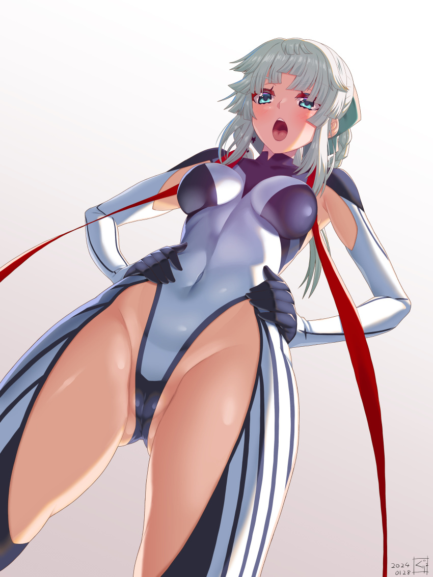 1girl absurdres armpit_cutout ass_visible_through_thighs black_bodysuit blush bodysuit braided_hair_rings breasts cameltoe clothing_cutout covered_navel earrings fate/grand_order fate/samurai_remnant fate_(series) green_eyes guriguri_(arayotto4351) hair_ribbon half-closed_eyes hands_on_own_hips highres jewelry long_hair looking_at_viewer medium_breasts open_mouth ponytail ribbon sidelocks solo thigh_cutout thighs two-tone_bodysuit variant_set white_bodysuit white_hair yui_shousetsu_(fate) yui_shousetsu_(first_ascension)_(fate)