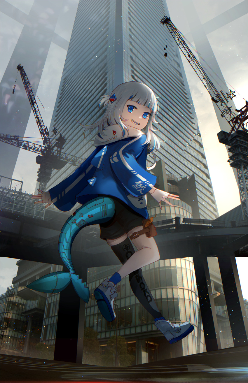 1girl absurdres advarcher alternate_costume black_shorts black_thighhighs blue_eyes blue_hair blue_hoodie blue_socks blunt_bangs building city commentary crane_(machine) cyborg fins fish_tail from_behind full_body gawr_gura grey_hair grin hair_ornament highres hololive hololive_english hood hood_down hoodie long_sleeves looking_at_viewer looking_back mechanical_tail medium_hair midair multicolored_hair outdoors scenery shark_girl shark_hair_ornament shark_tail sharp_teeth shoes shorts single_thighhigh smile socks solo streaked_hair tail teeth thighhighs two_side_up virtual_youtuber white_footwear