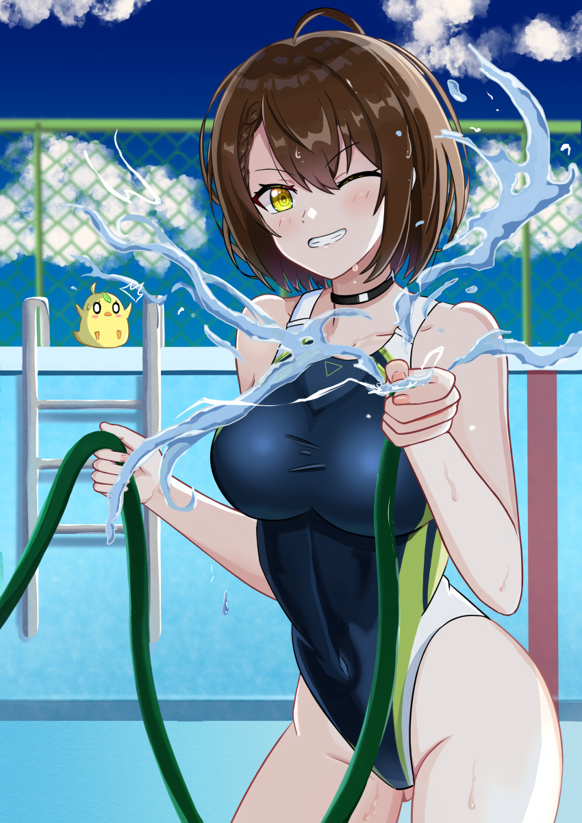 1girl absurdres ahoge azur_lane baltimore_(azur_lane) bird blue_one-piece_swimsuit blue_sky breasts brown_hair chick cloud covered_navel day ebizen empty_pool grin highres holding holding_hose hose manjuu_(azur_lane) medium_breasts one-piece_swimsuit outdoors pool pool_ladder short_hair sky smile standing swimsuit water yellow_eyes