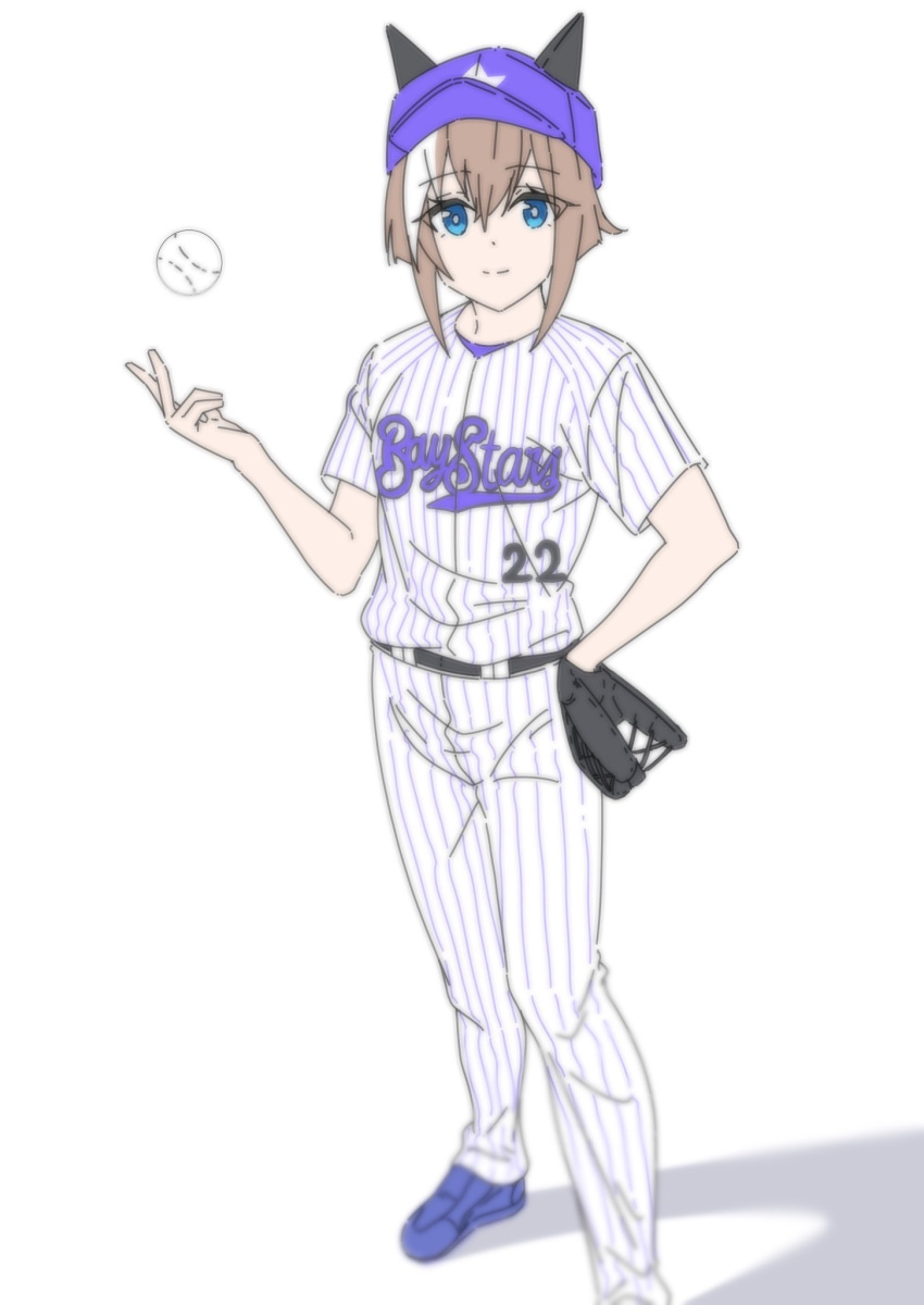 1girl 36.5 alternate_costume animal_ears baseball baseball_cap baseball_mitt baseball_uniform blue_eyes blue_headwear brown_hair cheval_grand_(umamusume) hair_between_eyes hat highres horse_ears horse_girl looking_at_viewer multicolored_hair nippon_professional_baseball purple_headwear short_sleeves simple_background smile solo sportswear streaked_hair umamusume white_background white_hair yokohama_dena_baystars