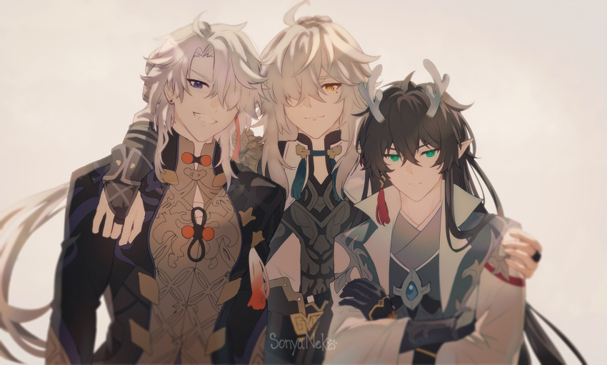 &gt;:) 3boys :3 ahoge arm_around_shoulder arms_at_sides artist_name black_hair bridal_gauntlets brooch chinese_clothes clenched_teeth closed_mouth dan_feng_(honkai:_star_rail) dan_heng_(honkai:_star_rail) dan_heng_(imbibitor_lunae)_(honkai:_star_rail) earrings frown gloves green_eyes grin hair_over_one_eye hand_on_another's_shoulder hanfu highres honkai:_star_rail honkai_(series) horns jewelry jing_yuan long_hair looking_at_viewer looking_to_the_side male_focus mole mole_under_eye multiple_boys one_eye_covered pointy_ears purple_eyes simple_background single_earring smile sonyaneko stud_earrings teeth v-shaped_eyebrows very_long_hair white_background white_hair yellow_eyes yingxing_(honkai:_star_rail)