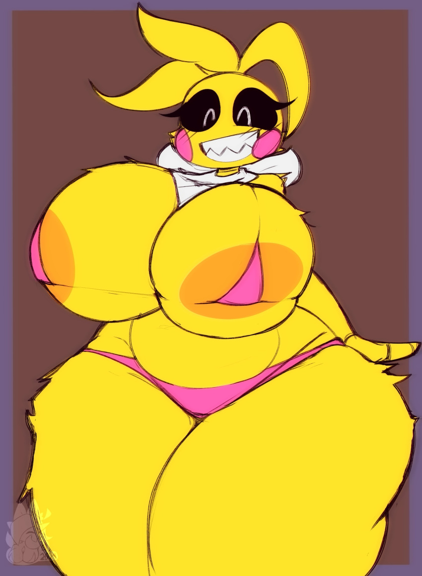 2024 absurd_res anthro areola avian big_breasts bird black_sclera blonde_hair blush blush_stickers bra breasts chicken clothing female five_nights_at_freddy's five_nights_at_freddy's_2 galliform gallus_(genus) gardegu grin hair hi_res huge_breasts huge_thighs hyper hyper_thighs machine panties phasianid robot scottgames sharp_teeth smile solo standing teeth thick_thighs toy_chica_(fnaf) underwear watermark wide_hips yellow_body