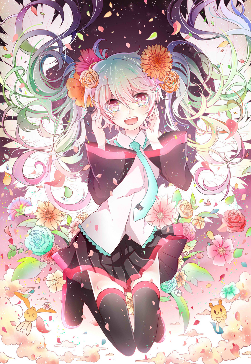 :d absurdres ai_kotoba_(vocaloid) azure-aoi- black_legwear black_skirt blue_hair blue_neckwear detached_sleeves eyebrows_visible_through_hair floating_hair flower full_body green_hair hair_between_eyes hair_flower hair_ornament hatsune_miku headphones highres long_hair miniskirt multicolored_hair necktie open_mouth orange_flower pink_eyes pink_hair pleated_skirt red_flower shirt skirt sleeveless sleeveless_shirt smile solo thighhighs twintails vocaloid white_shirt zettai_ryouiki