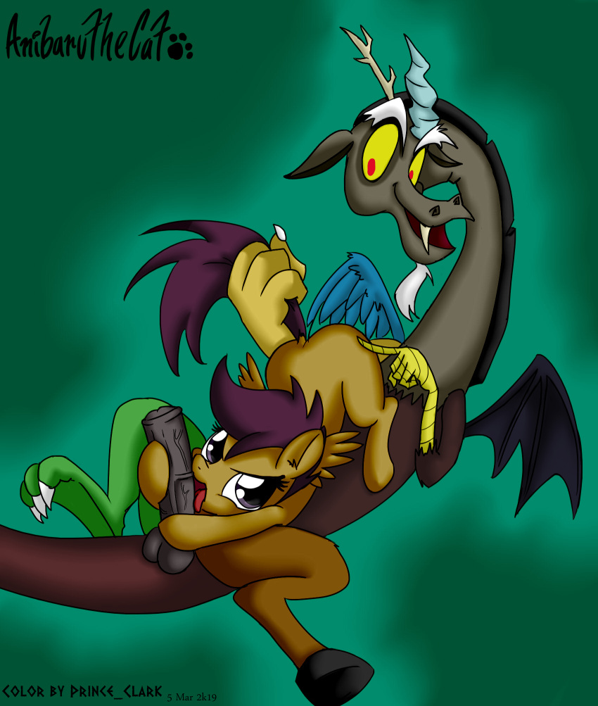 balls chimera discord_(mlp) duo equid equine erection female friendship_is_magic genitals hasbro hi_res horse male male/female mammal my_little_pony pegasus pony prince_clark purple_eyes scootaloo_(mlp) wings