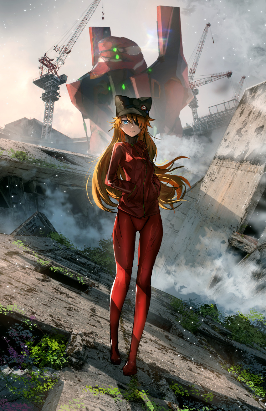 1girl absurdres advarcher animal_ear_headwear black_headwear blue_eyes bodysuit closed_mouth commentary day eva_02 expressionless eyepatch full_body hands_in_pockets highres jacket long_hair looking_at_viewer mecha neon_genesis_evangelion orange_hair outdoors pilot_suit plugsuit red_bodysuit red_jacket robot solo souryuu_asuka_langley standing very_long_hair