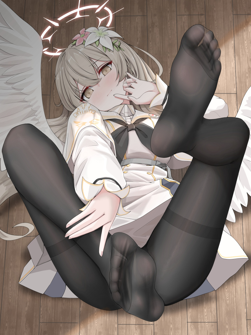 1girl absurdres angel_wings black_pantyhose blue_archive capelet dress feathered_wings feet flower foot_focus hair_flower hair_ornament halo highres legs_up light_brown_hair lying nagisa_(blue_archive) neckerchief no_shoes on_back pantyhose thighband_pantyhose toes white_capelet white_dress white_wings wings yellow_halo zhthktk