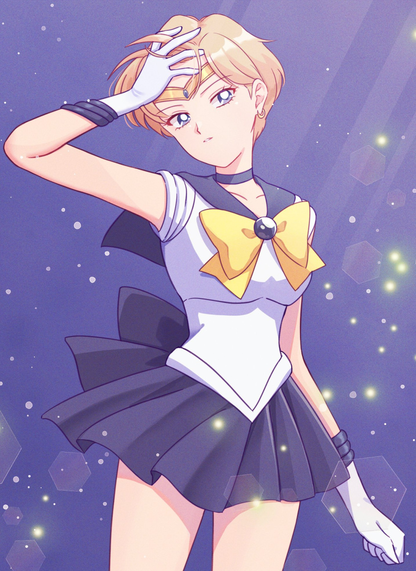 1girl bishoujo_senshi_sailor_moon blonde_hair blue_choker blue_eyes blue_sailor_collar blue_skirt bow choker earrings gloves highres jewelry outer_senshi sailor_collar sailor_senshi sailor_uranus short_hair skirt smile solo space_sword ten'ou_haruka uranus_symbol very_short_hair white_gloves yellow_bow yumeko_(yumemexx)